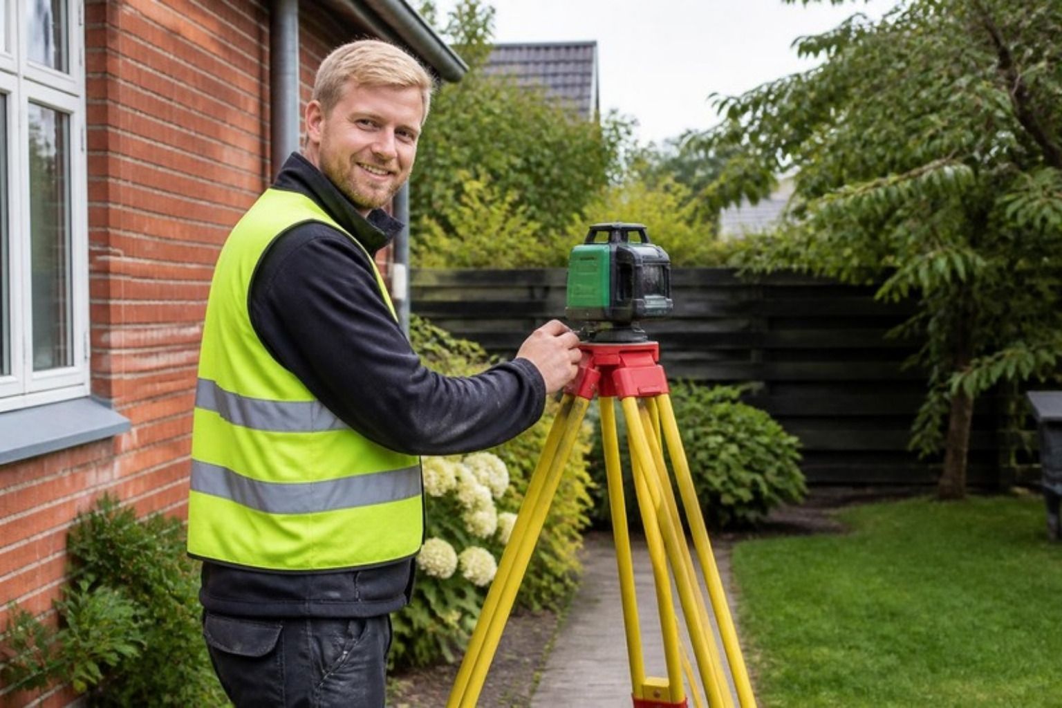 Landmåler med instrument på stativ i en have