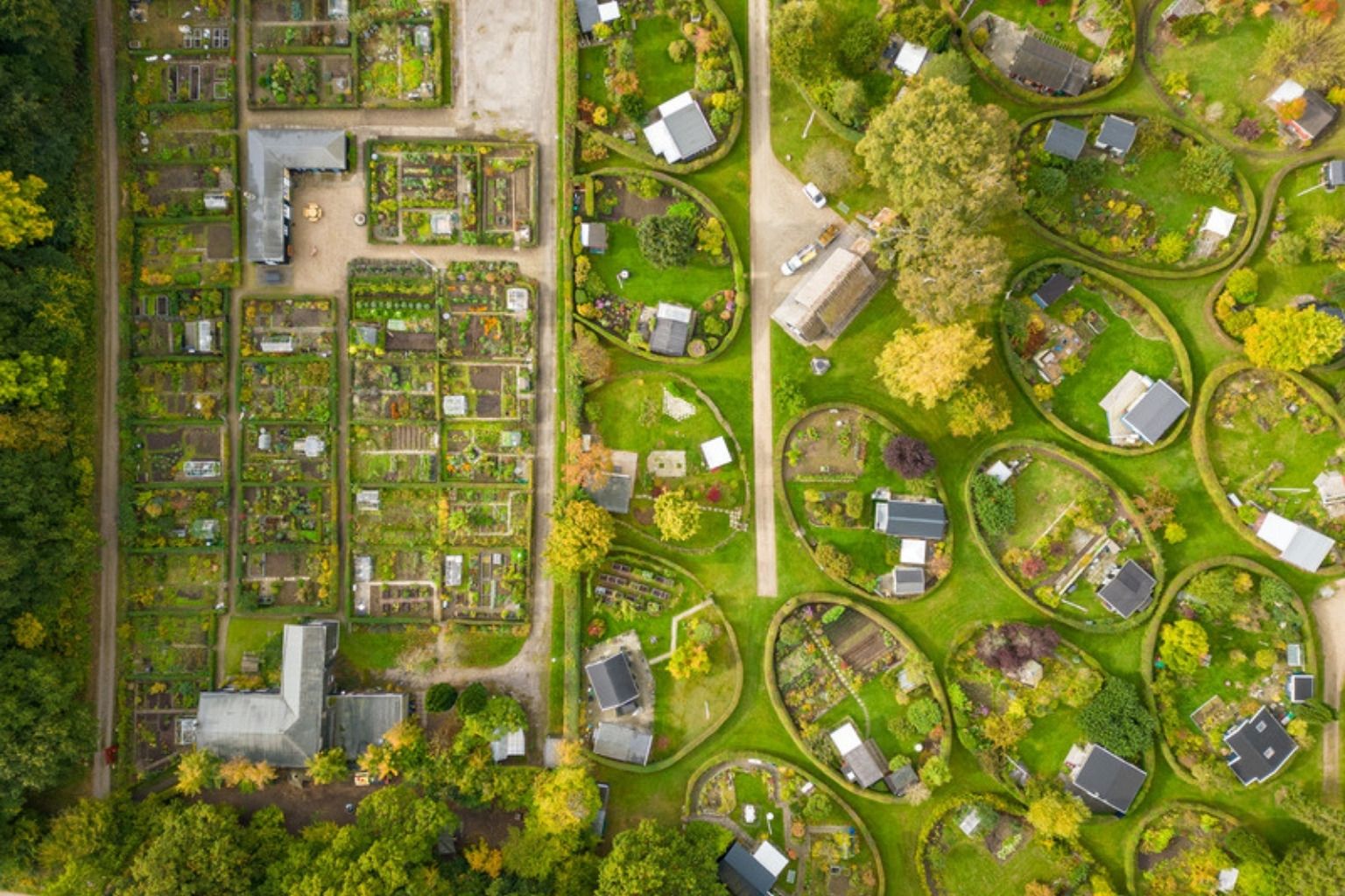 Luftfoto af grunde med små huse og haver