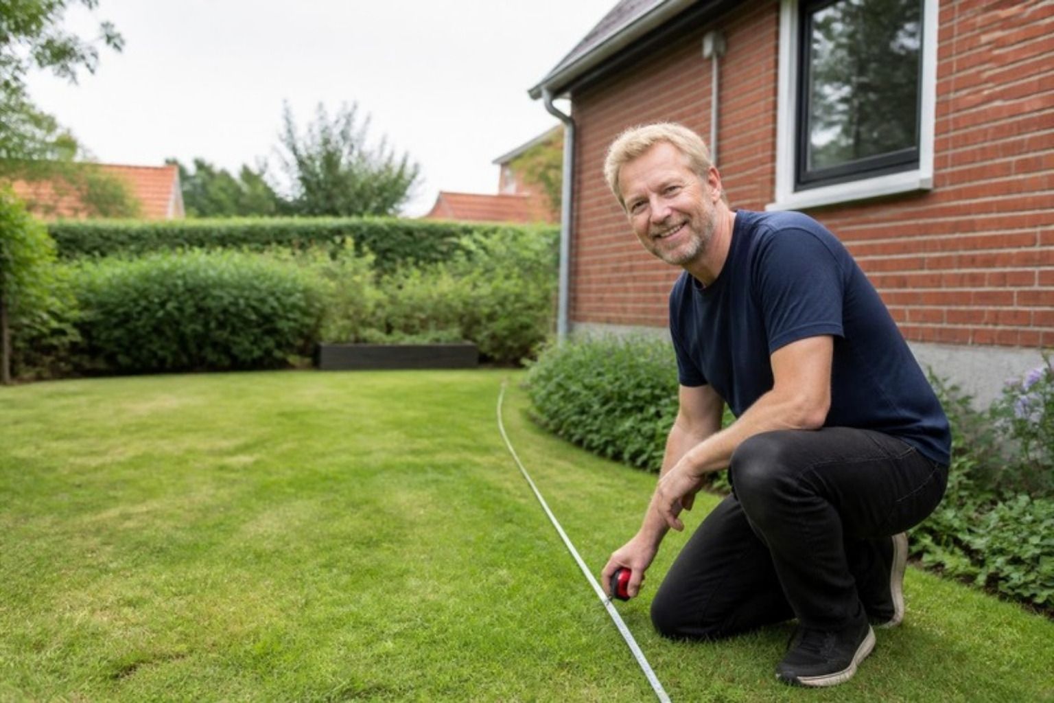 Husejer måler sin grund op med målebånd på græsplænen