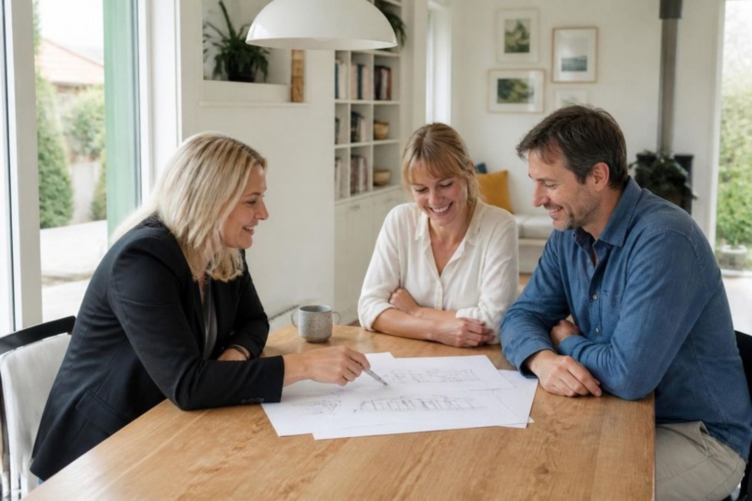 Arkitekt gennemgår tegninger med to husejere ved et spisebord