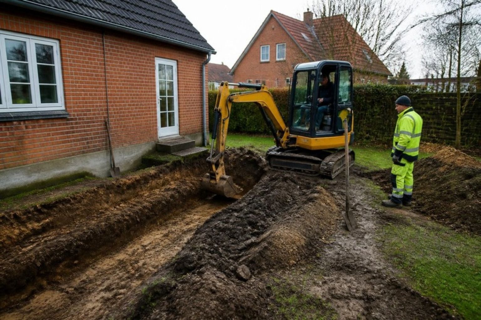 Minigraver udgraver til fundament ved siden af et rødt murstenshus